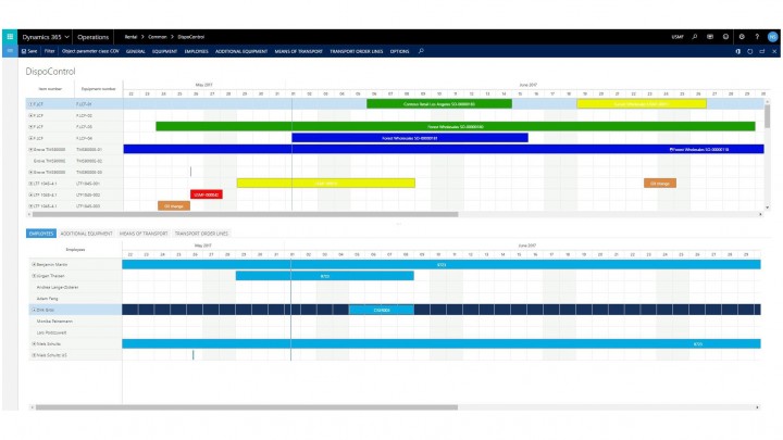 Screenshot of graphical scheduling board for rental equipment 