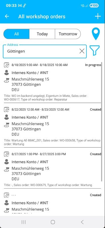 sycor.Rental: Mobile view of workshop orders filtered by location