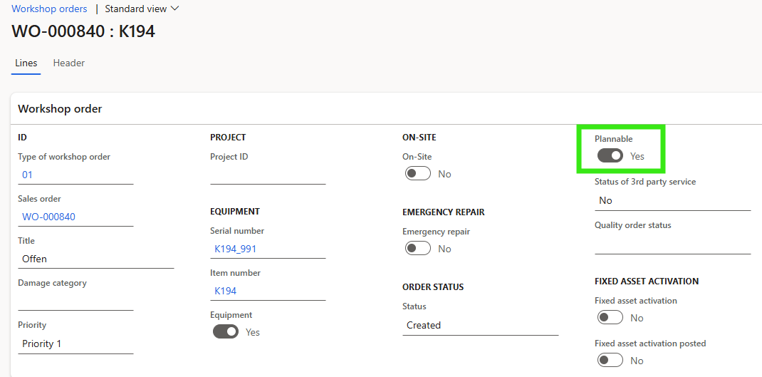 Figure 10: “Schedulable” flag on the workshop order to “release” it for staff scheduling
