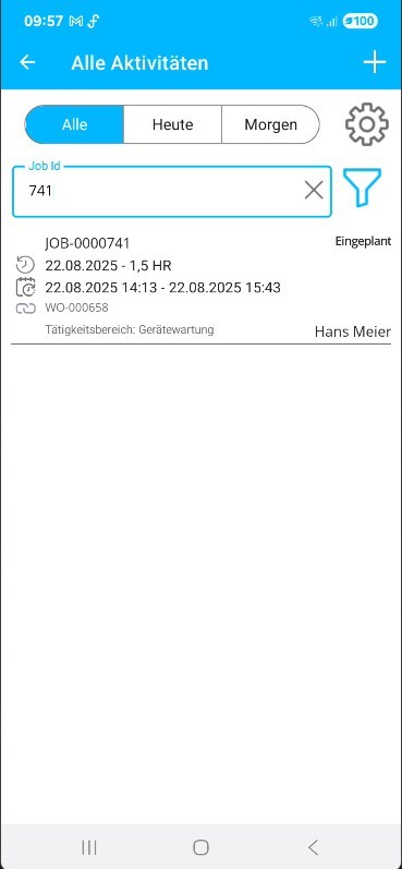 Mobile Ansicht der Werkstattaufträge gefiltert nach Aktivitäten