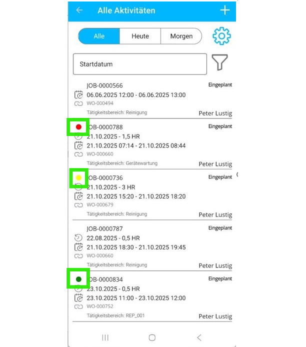Abbildung 9: In der mobilen App lassen sich die Prioritäten der Jobs anhand von Farben visuell darstellen