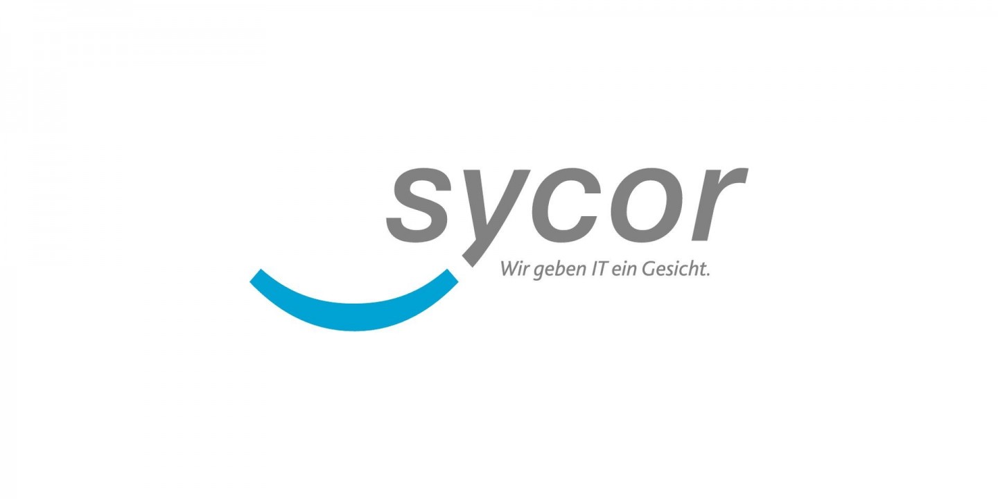 Sycor Logo, deutsch, mit Claim "Wir geben IT ein Gesicht"