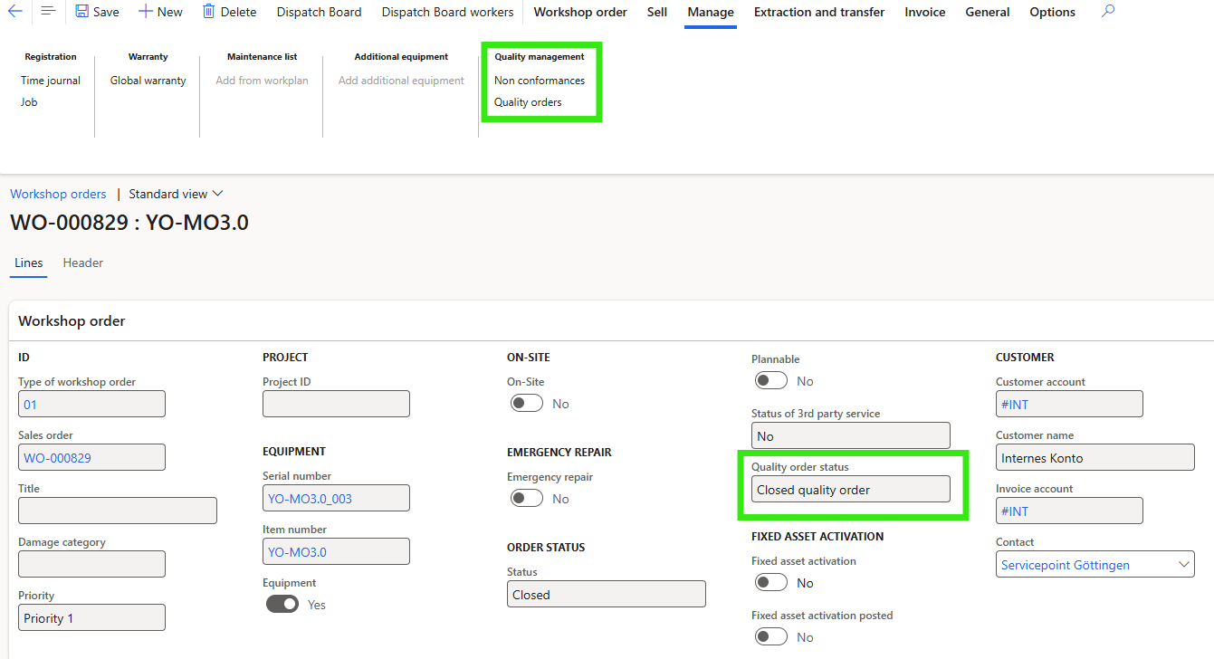 Figure 4: Quality inspection orders can be accessed from the workshop order, and the status of the quality inspection order is immediately visible