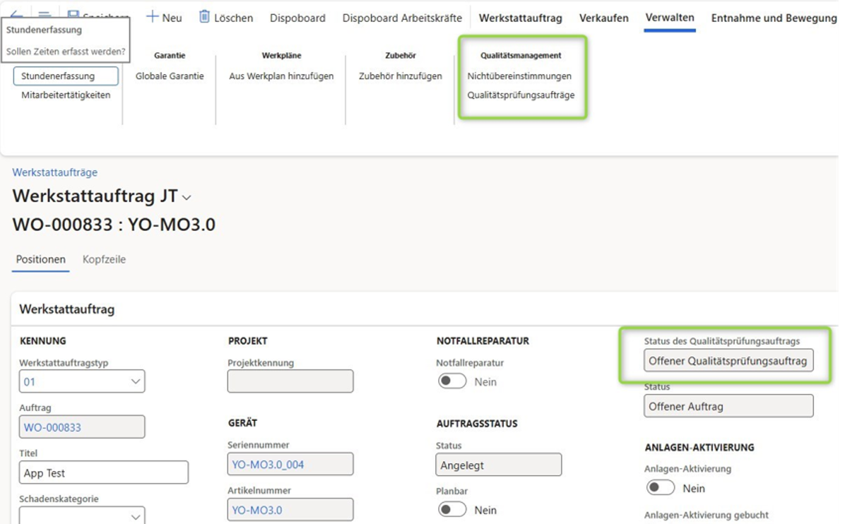 Qualitätsprüfungsaufträge sind vom Werkstattauftrag aufrufbar und der Status des Qualitätsprüfungsauftrags sofort ersichtlich