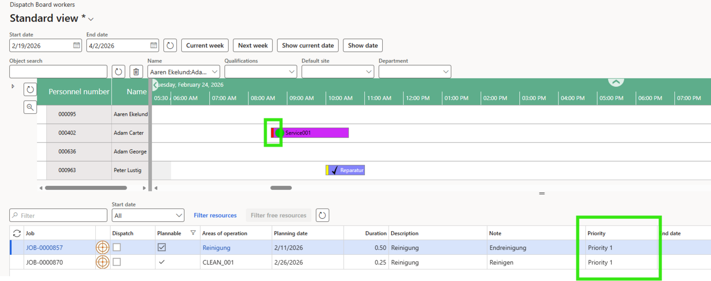 Figure 7: The priorities of employee tasks can also be color-coded on the dispatch board