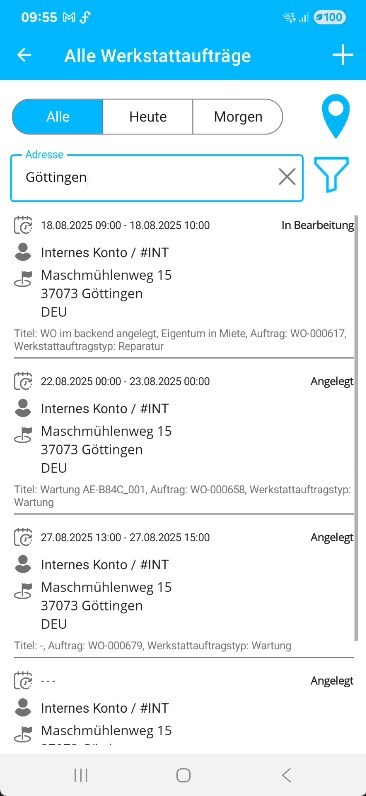Mobile Ansicht der Werkstattaufträge gefiltert nach Standort