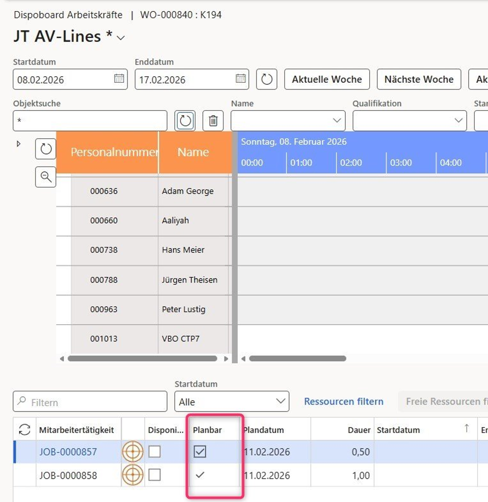 Abbildung 11: "Planbar" Markierung im Dispoboard zeigt welche Aufträge ausgeführt werden können, da alle erforderlichen Materialien vorhanden sind