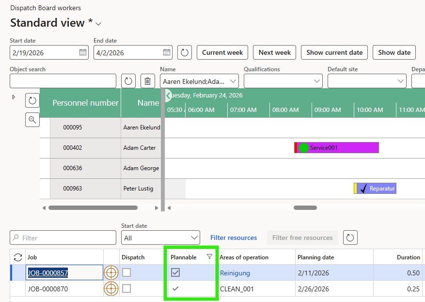 Figure 11: The “Schedulable” indicator on the dispatch board shows which orders can be processed because all required materials are available