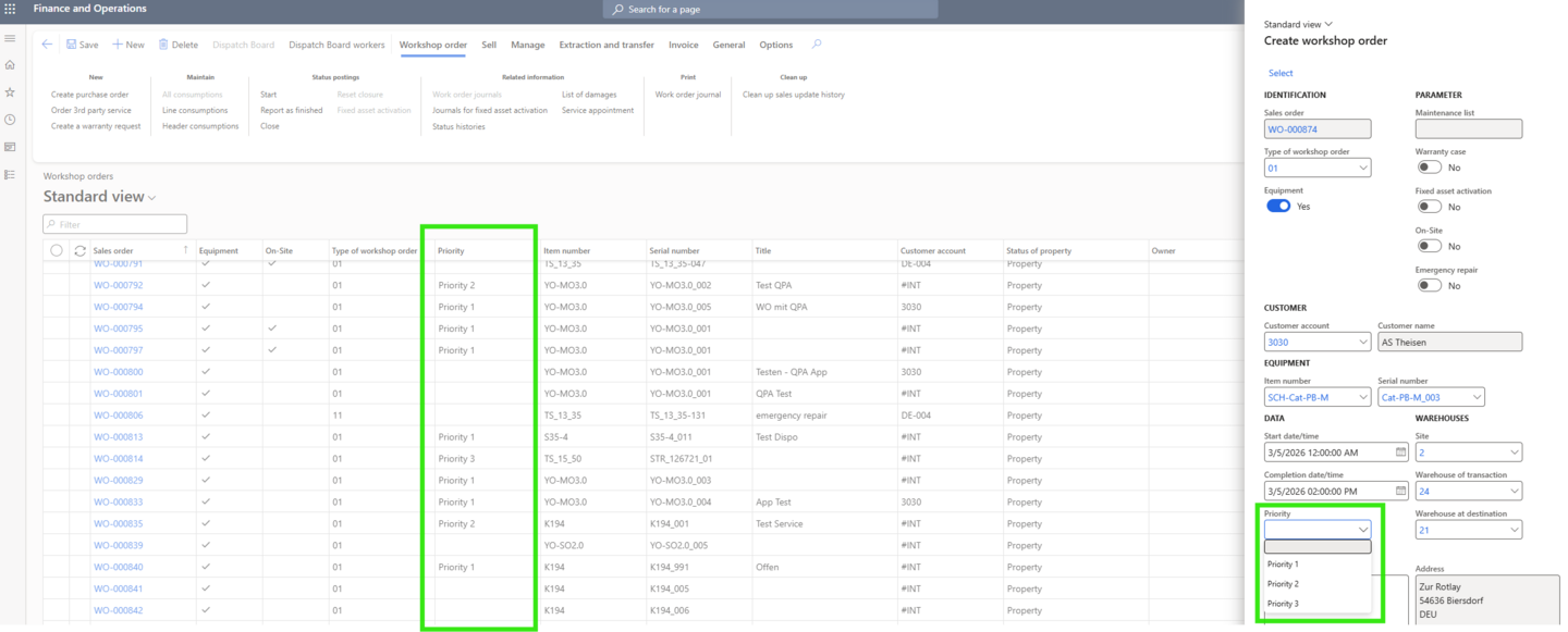 Figure 6: Priorities for workshop orders can be set when creating an order