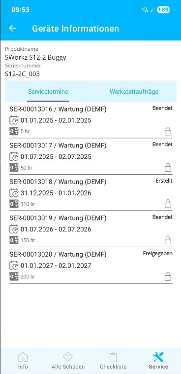 Geräteansicht alle zugehörigen Servicetermine