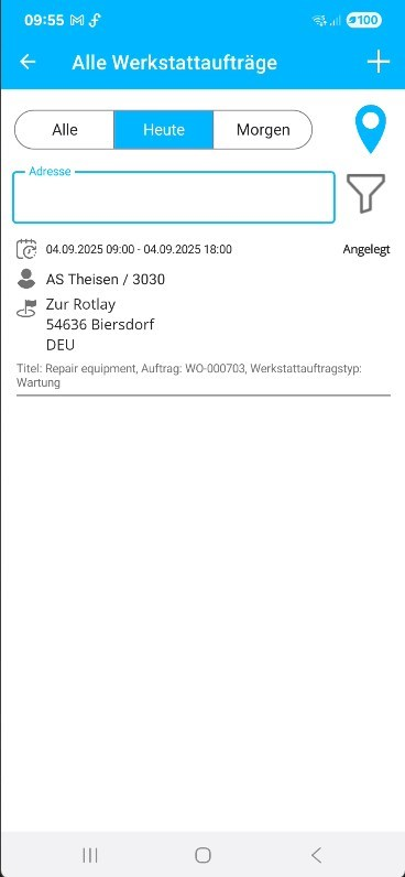 Mobile Ansicht der Werkstattaufträge gefiltert “heute”