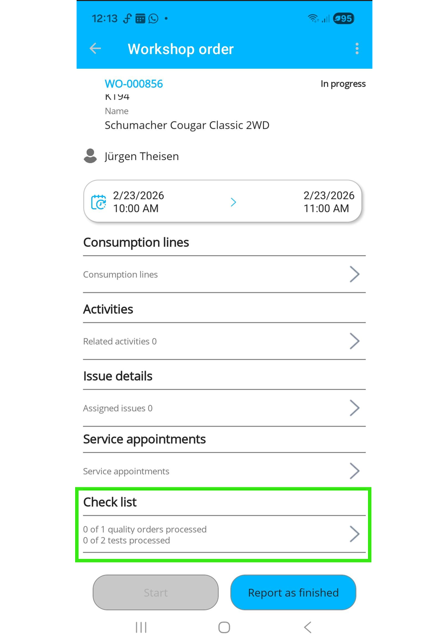 Figure 5: The checklists for quality inspection orders are available in the mobile app