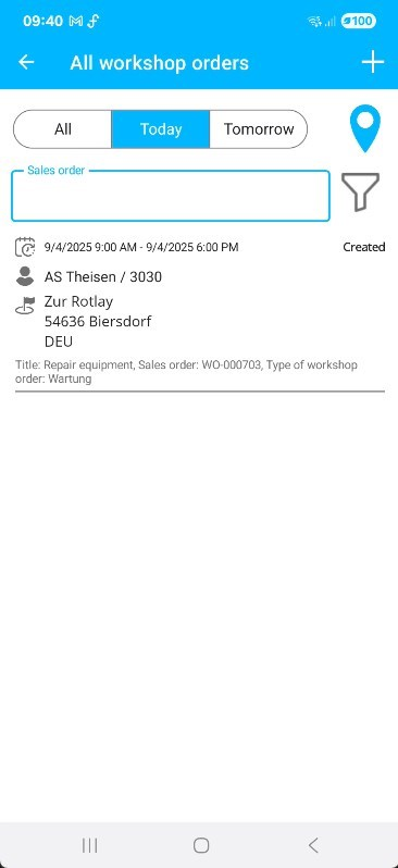 Mobile view of workshop orders filtered by “today”