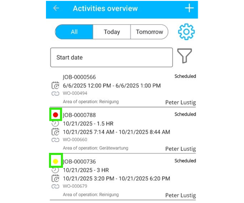 Figure 9: In the mobile app, job priorities can be visually represented using colors
