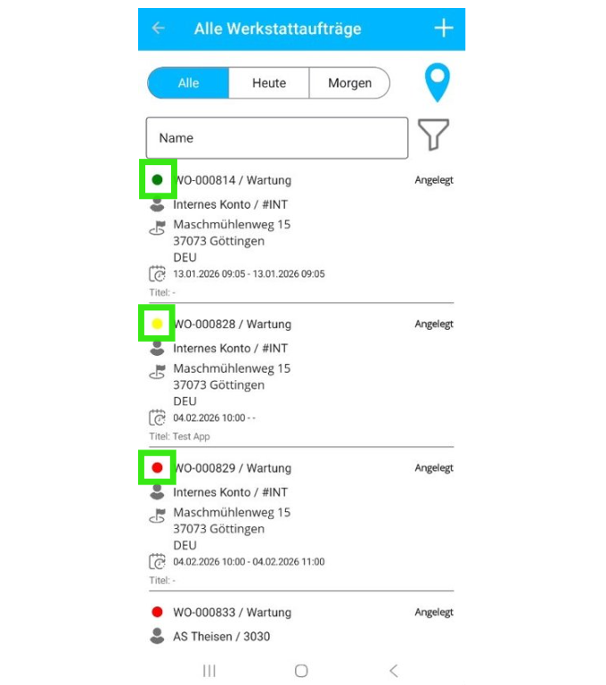 Abbildung 7: In der mobilen App lassen sich die Prioritäten der Werkstattaufträge anhand von Farben visuell darstellen